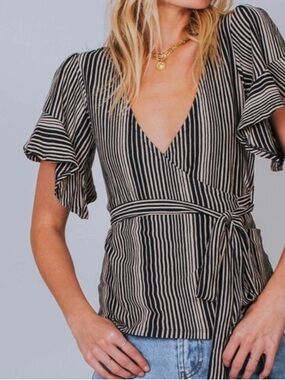 FREE PEOPLE | Striped Wrap V-Neck Flutter Sleeve Top - Dark Navy & Cream
